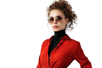 Stylish boho woman wearing large earrings and floral dress Isolated on white background