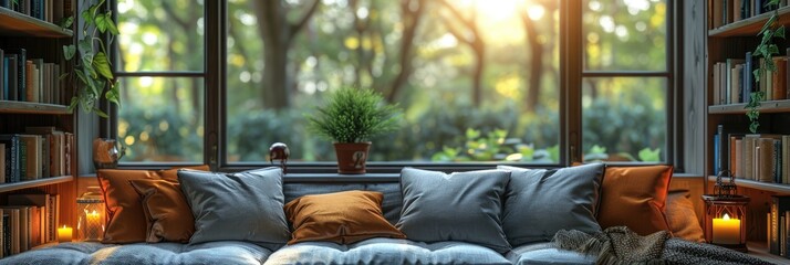 Naklejka premium Cozy reading nook with large windows, surrounded by bookshelves, and decorated with cushions and plants, bathed in warm natural light.