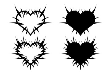 Hearts with spikes in goth, punk, emo style. Set of abstract love logo concept. Neo tribal hearts. Vector illustration isolated on white background.