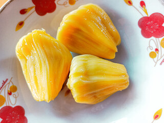 yellow sweet ripe jackfruit in the dish Ready to eat.