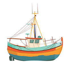 Colorful fishing boat docked harbor trip isolated. Vibrant trawler wooden vessel sailing coastal sea artistic design. Nautical ship equipment lifelike details realistic art style illustration