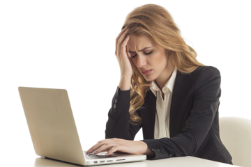 Stressed businesswoman typing on laptop, isolated on white background