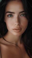 Obraz premium A stunning close-up portrait featuring a beautiful woman with green eyes, bare shoulders, fit body, and slightly freckled skin