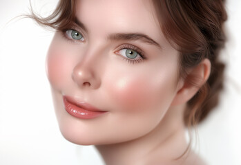 Obraz premium Striking side portrait of a blue-eyed woman with light freckles against a clean white background, highlighting her refined beauty