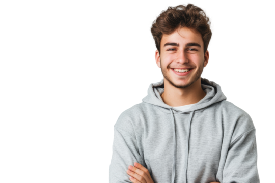 Smiling young man in casuals, standing confidently, isolated on white background