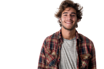 Smiling young man in casual attire, hands in pockets, isolated on white background