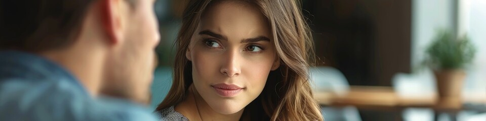 Fototapeta premium Amusing Woman Expressing Boredom During Conversation with Partner Spouse Rolling Eyes in Reaction to Husband s Arguments