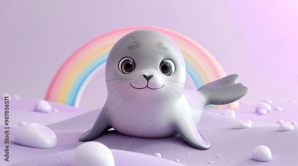 Canvas Prints A cute cartoon seal with big eyes is sitting with a rainbow and bubbles in the background.