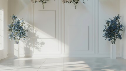 Fototapeta premium The elegance in Simplicity Minimalist Studio Is Set Against a Beautiful Floral Backdrop
