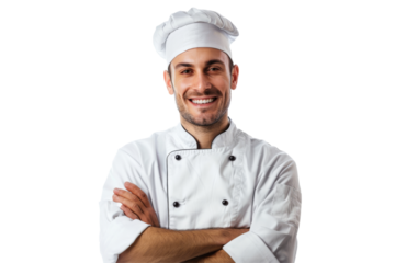 Smiling young chef with crossed arms, isolated on white background