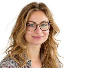Obraz premium Smiling woman with eyeglasses looking at camera Isolated on white background