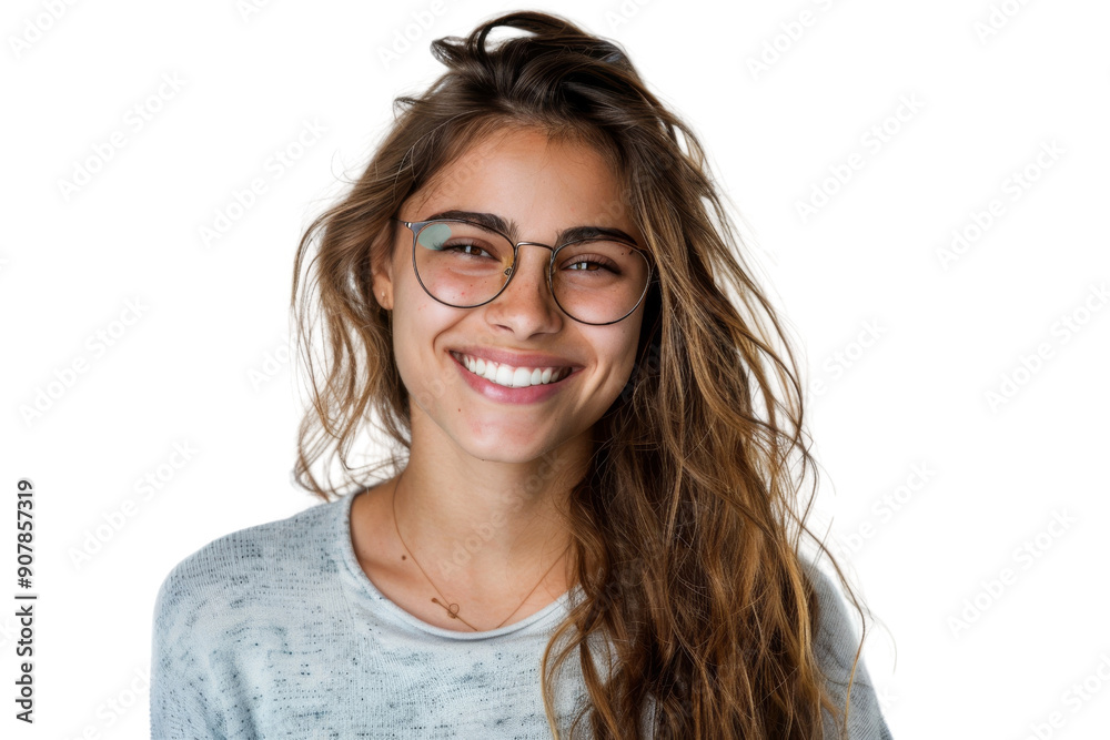 Wall mural Smiling woman with eyeglasses looking at camera Isolated on white background