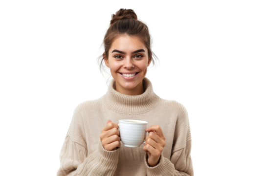 Smiling woman holding a cup of coffee and browsing online Isolated on white background