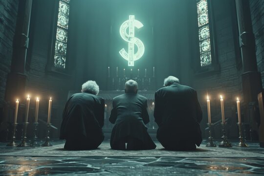 Businessmen kneeling in dimly lit room, facing glowing dollar symbol, symbolizing worship of money power and capitalism, money worship cult