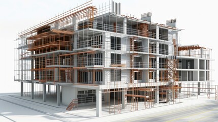 Generate a photo realistic image of a construction project with a detailed expense forecast showing financial charts and budget allocations; ensure the image is of high resolution for clear