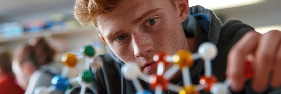 High school student concentrating while inspecting a molecular model in a science class