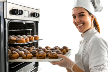 Smiling woman baker checking baked goods in the oven, isolated on white background