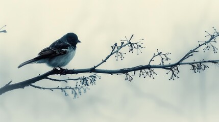 Fototapeta premium Solitary bird perched on a barren branch in a soft, misty background, capturing tranquility and nature's serene beauty.