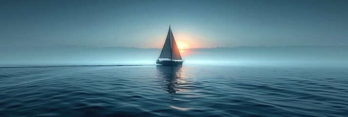 Solitary sailboat gliding across calm waters at sunset, framed by a serene horizon, creating a peaceful and tranquil atmosphere.