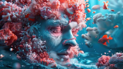 A man with a face made of coral and fish swimming around him