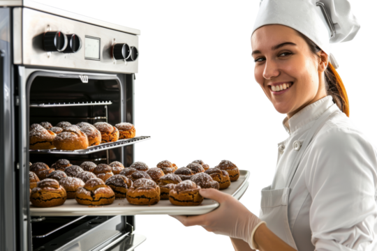 Smiling woman baker checking baked goods in the oven, isolated on white background