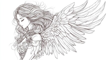 Fototapeta premium Beautiful angel cartoon line drawing used for coloring on white background. Generative Ai