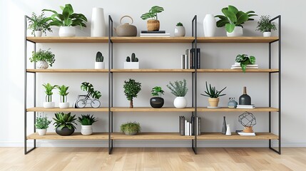 Modern shelving unit with diverse indoor plants in stylish white pots, creating a fresh and serene atmosphere in a bright living space.