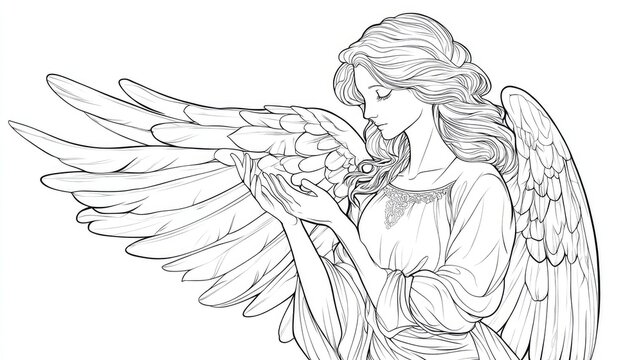 Beautiful angel cartoon line drawing used for coloring on white background. Generative Ai