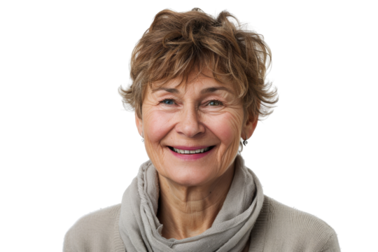 Smiling older woman with short hair, isolated on white background