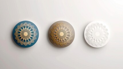 Fototapeta premium Four white decorative round ornaments arranged in a row on a white background.