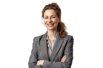Professional middle aged female entrepreneur in formal suit with ponytail Isolated on white background
