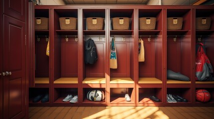 Empty gym locker with neatly arranged sports gear