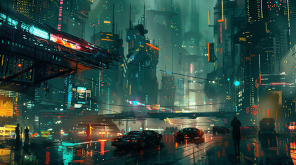 Immersive Cyberpunk Cityscape with Futuristic Skyscrapers and Neon Glow

