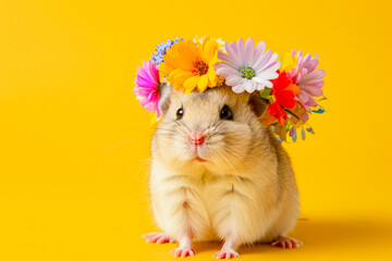 An adorable, cute hamster wearing a lovely flower crown on a bright yellow background