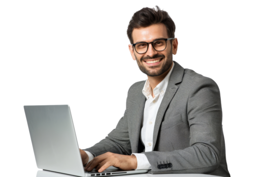 Smiling businessman working remotely with laptop Isolated on white background