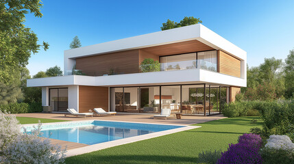 A modern two-story house with wooden cladding and white walls, set in an idyllic countryside landscape featuring lush green grass, trees, swimming pool, terrace with garden furniture, overlooking the 