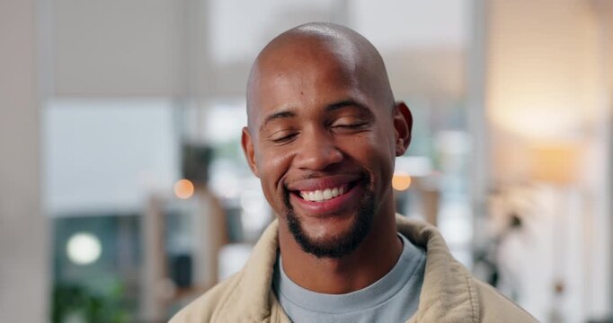 Smile, startup and face of black man in office with confidence for creative graphic designing career. Happy, portrait and African male artist with pride for multimedia job with small business.