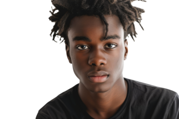 Serious young African American male making eye contact with the camera Isolated on white background