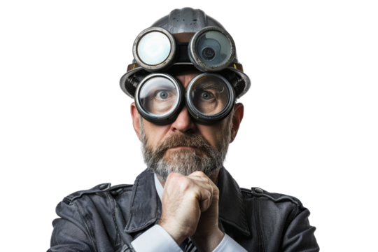 Serious factory manager with hat and goggles contemplating isolated on white background