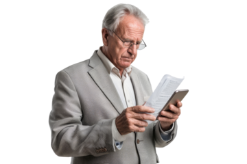 Senior executive reading news on smartphone, isolated on white background