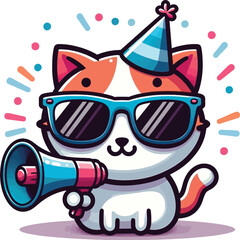 Obraz premium Cute happy Playful cat screams with a loudspeaker, kitten speaks into a holding megaphone 