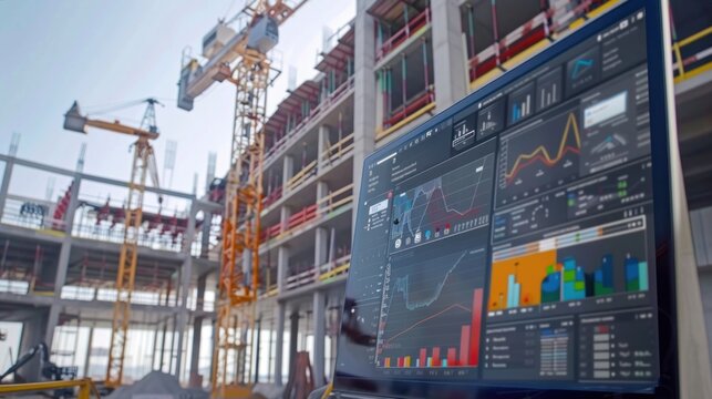 Generate a photo realistic image of a construction project displaying an expense tracking board with real-time cost monitoring and financial planning tools; ensure the image is of high resolution 