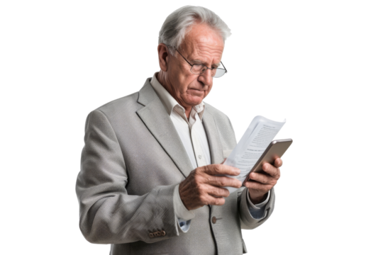 Senior executive reading news on smartphone, isolated on white background