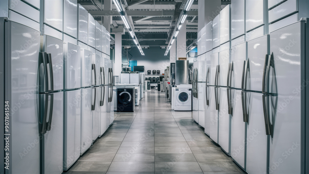 Sticker A long row of white refrigerators in a store with washers and dryers, AI