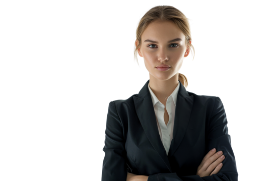 Professional middle aged female entrepreneur in formal suit with ponytail Isolated on white background