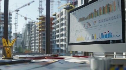 Generate a photo realistic image of a construction project displaying a cost estimation dashboard with detailed financial planning tools and budget allocations; ensure the image is of high resolution 