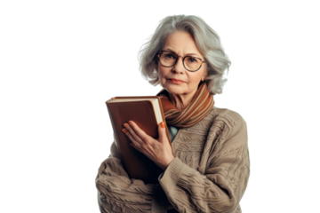 Professional elderly woman in glasses holding a diary Isolated on white background
