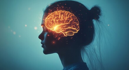 Obraz premium A girl's head is seen from the side, her brain glowing with lights. symbolizes mental health and emotion control over anxiety