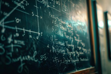 A photo of a close-up of a chalkboard covered in complex mathematical equations and geometric diagrams during midday