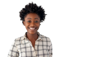 Positive ethnic woman in casual clothes smiles standing confidently Isolated on white background